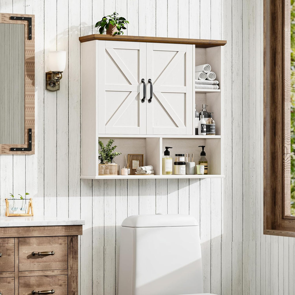 Bathroom Wall Cabinet, Farmhouse Medicine Cabinet with Double Barn Door and Adjustable Wood Shelf, Over The Toilet Storage Cabinet for Wall Mounted for Bathroom Laundry Room Kitchen (White and Brown)