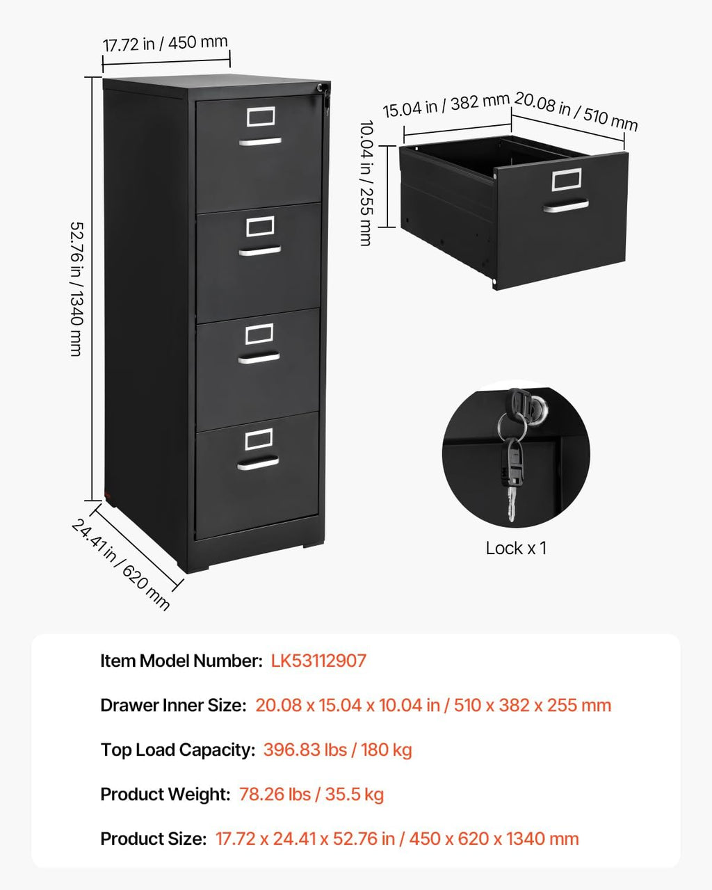 VEVOR 4 Drawer File Cabinet with Lock, Metal Vertical Filing Storage Cabinets for Home Office, Heavy-Duty Cabinet with Detachable Hanging Rod, for A4/Letter/Legal Size File, Easy Assembly (Black)