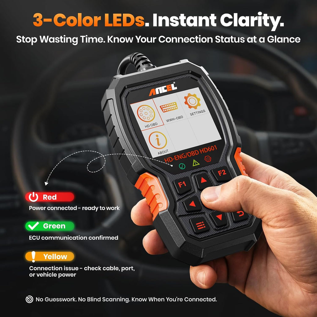 ANCEL New HD601 Heavy Duty Truck Scanner, Diesel Full System Diagnostic Scan Tool Fits for Cummins, Detroit, Volvo, Paccar & Caterpillar, 2 in 1 HDOBD & OBD2 Code Reader for Commercial Vehicles & Cars