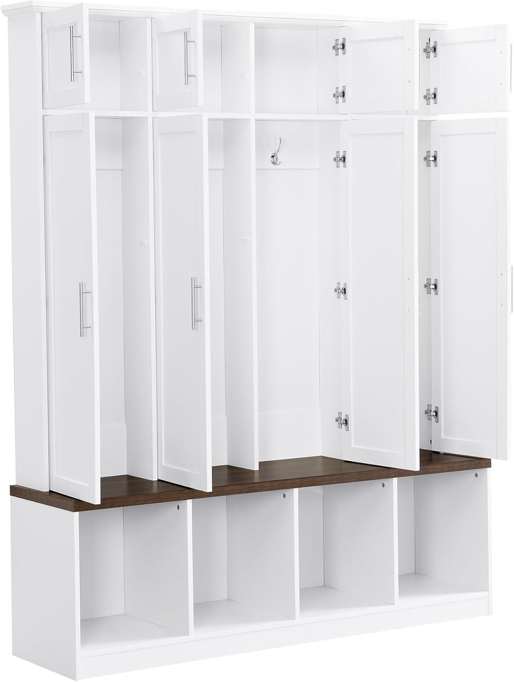 LUMISOL Wide Hall Tree with Storage Bench, Entryway Coat Rack with Open Compartments and 4 Hidden Hanging Hooks, Mudroom Entryway Bench with Shoe Storage, White