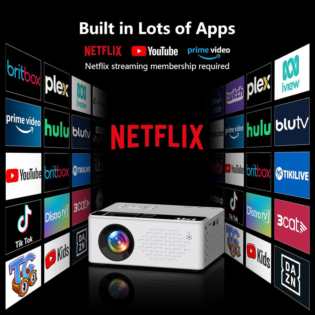TMY 1080P Full HD Portable Mini Projector, Bluetooth Movie Projector, Compatible with TV Stick/Smartphone/PC/Game Console/HDMI/USB, Indoor & Outdoor Use, Built in Netflix app