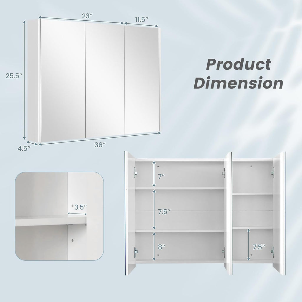 Tangkula Medicine Cabinet with Mirror, Frameless Bathroom Wall Mounted Cabinet with 3 Doors and Adjustable Shelves, Storage, Recess or Surface Mount Installation