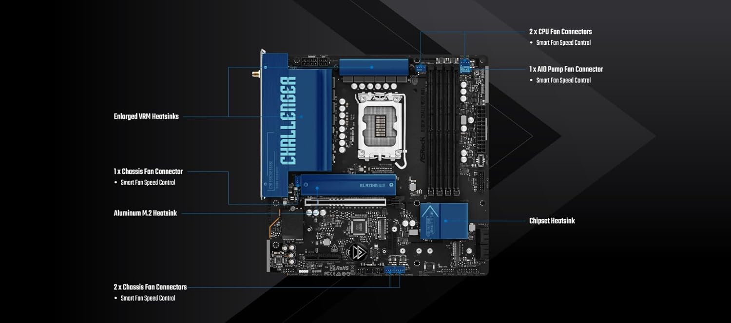 ASRock B860M Challenger WiFi mATX Motherboard, Intel Core Ultra (Series 2), DDR5 8666+ (OC), PCIe 5.0, 2.5G LAN, WiFi 7, Dr.MOS