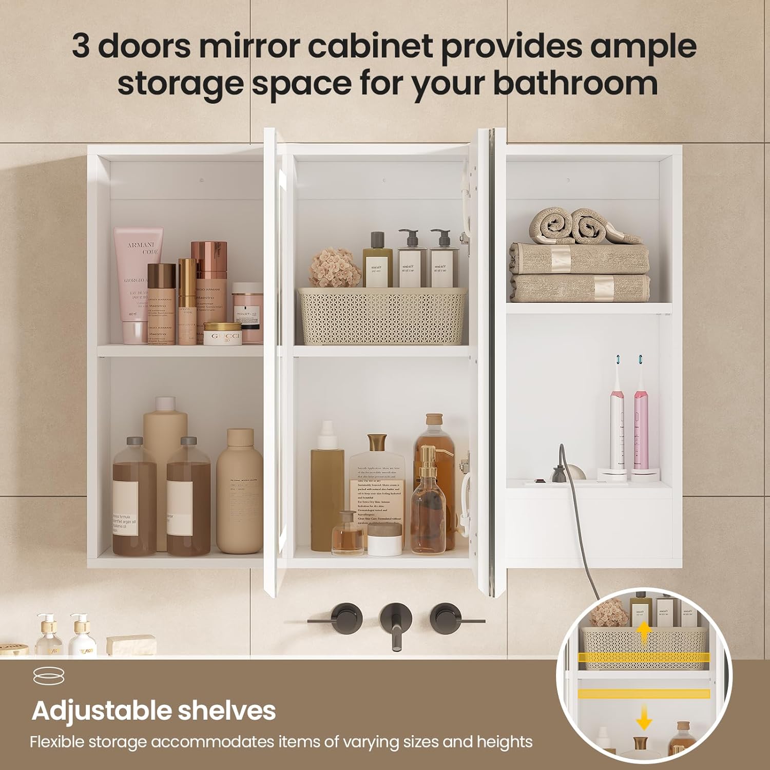 Hasuit Medicine Cabinet Organizer with Mirror, Lighted Bathroom Medicine Cabinet with Storage, 3 Doors Bathroom Wall Cabinet with LED Lights, Adjustable Shelves & Outlets, 31.5'' x 23.6'', White