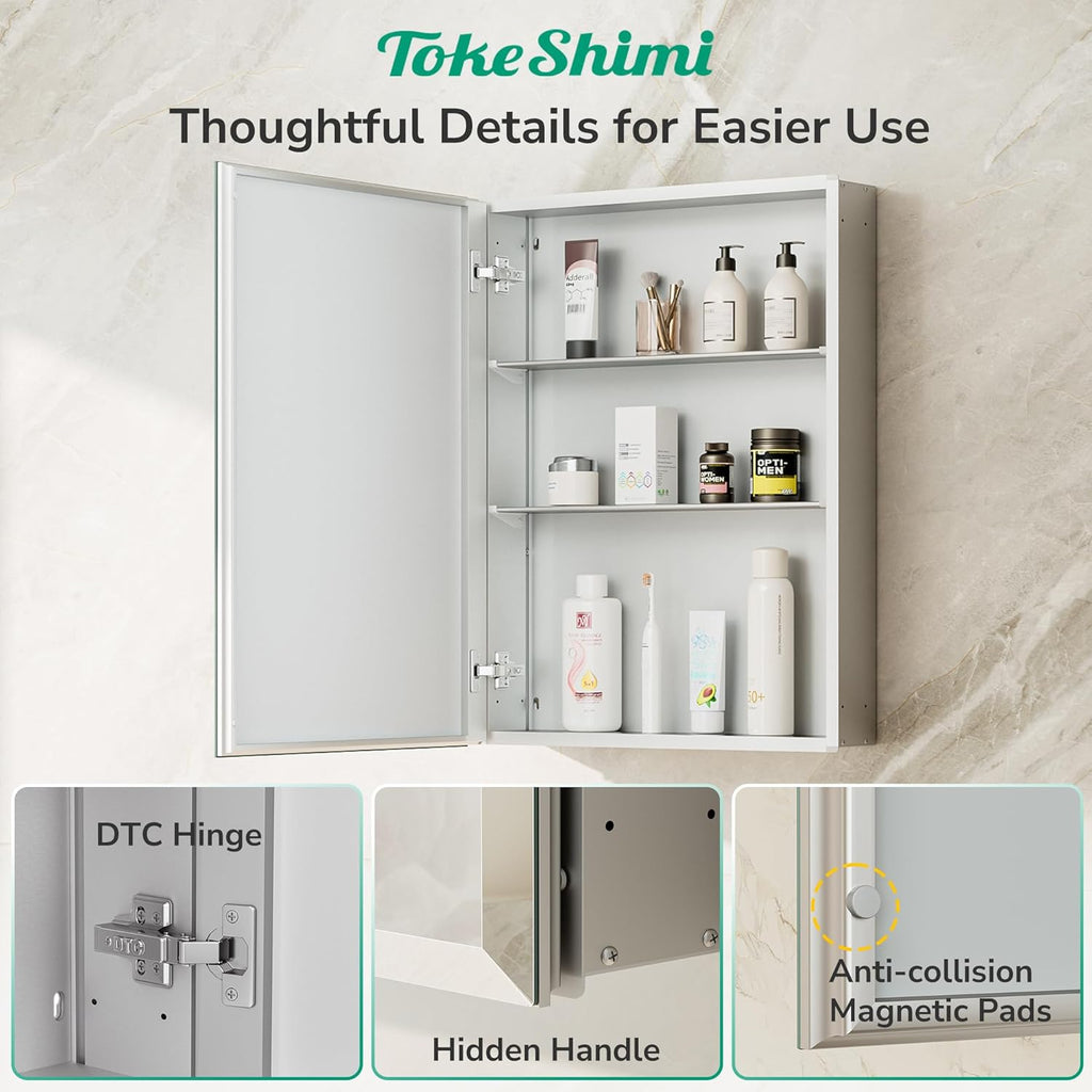 TokeShimi 20 x 28 Medicine Cabinet for Bathroom, Silver Recessed Medicine Cabinet with Tempered Beveled Mirror, Stepless Adjustable Shelves, DTC Hinge, Recessed/Wall Mounted