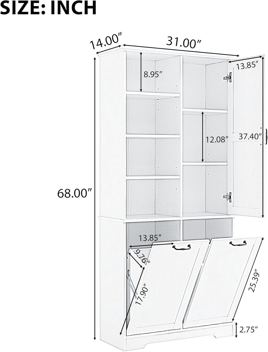 SOFTSEA 68" Double Tilt Out Laundry Hamper, Tall Hidden Laundry Basket Cabinet with Adjustable Shelf, Freestanding Bathroom Storage Cabinet with Doors and Open Shelves, Black