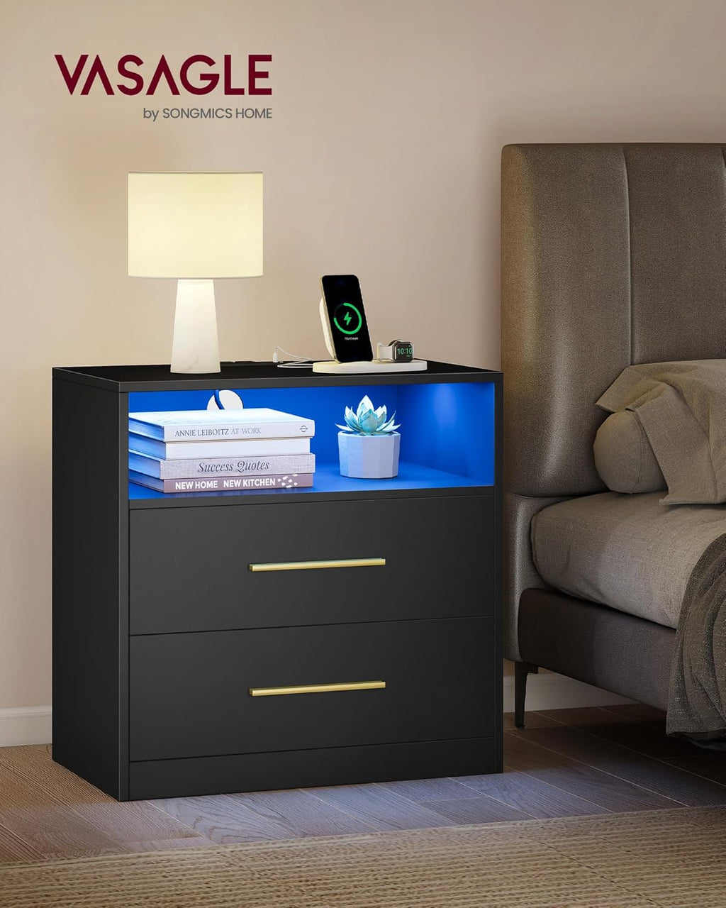 VASAGLE Custos Collection - Set of 2, 23.6 Inch Wide Nightstands with Charging Station, LED Lights, Modern Night Stands, Side End Tables with Drawers, Open Shelf, 2 AC Outlets USB Ports, Ink Black