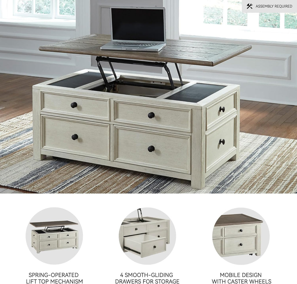 Signature Design by Ashley Bolanburg Lift-Top Coffee Table with Storage Two-Tone Rustic Farmhouse Cocktail Table – Brown/White