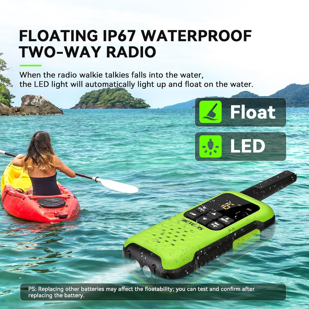 Retevis RT49P Waterproof Two Way Radio, IP67 Waterproof Floating Walkie Talkies, Rechargeable Walkie Talkies for Adults, VOX, NOAA, Flashlight, SOS, for Kayaking, Camping, Skiing 4 Pcs Green