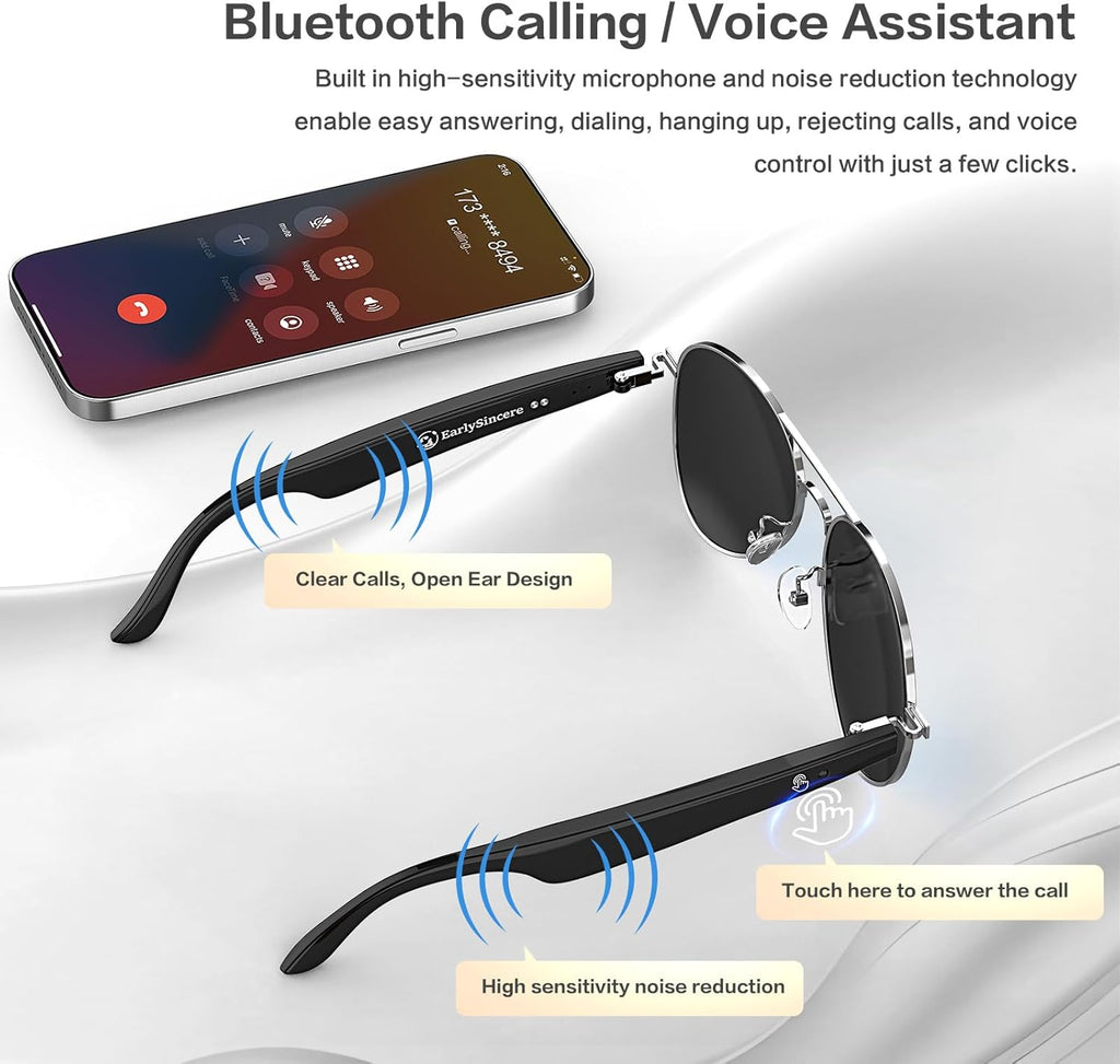 EarlySincere AI Smart Glasses, Smart Translation Glasses That Support 164 Language Translation, IP65 Waterproof Smart Sunglasses, Classic Aviator Sunglasses with Voice Assistant/AI Call/Chat GPT