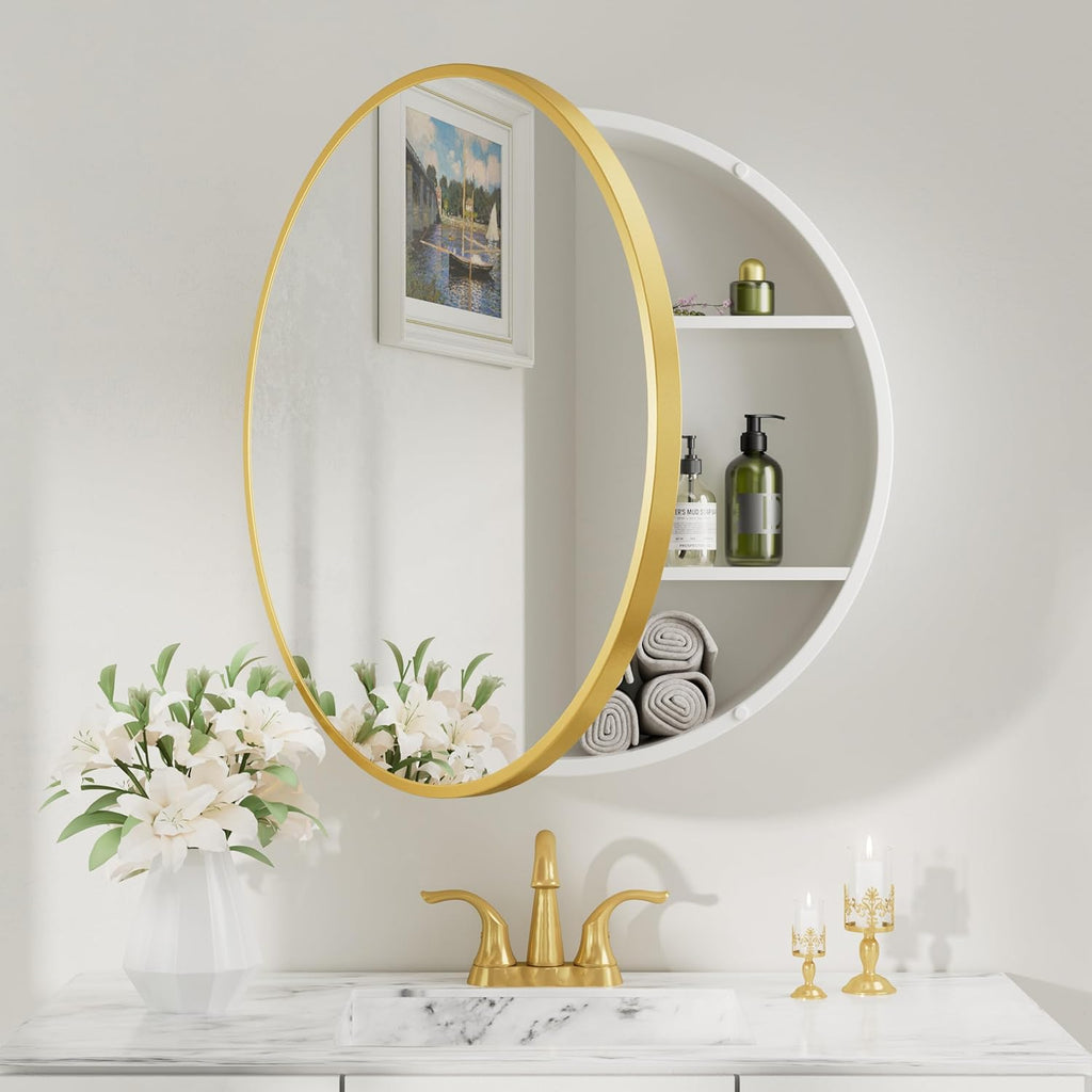 Keonjinn 26 x 26 Round Medicine Cabinets for Bathroom, Gold Surface Mount Metal Framed Medicine Cabinet with Mirror, Modern Medicine Cabinet Wall Mount Only, Farmhouse Mirrored Cabinet with Storage