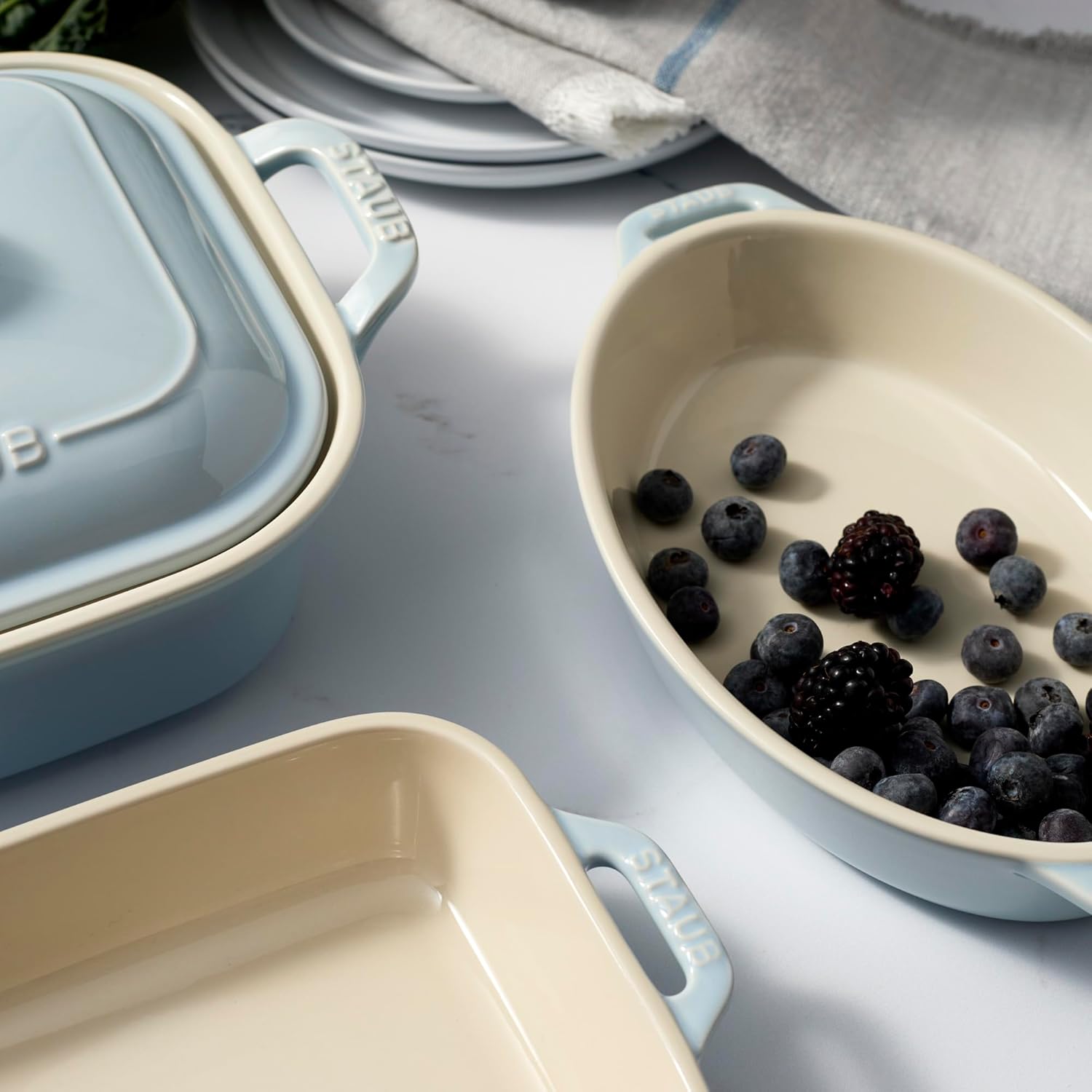 Staub Ceramic 4-pc Baking Pans Set, Casserole Dish with Lid, Brownie Pan, Light Blue