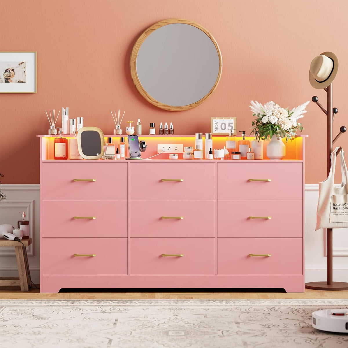 Garvee 9 Drawer Dresser for Bedroom - 65” Wide Chest of Drawers with LED Light and Charging Station, Modern Large TV Stand Cabinet Organizer with Open Shelf for Living Room, Entryway, Hallway, Pink