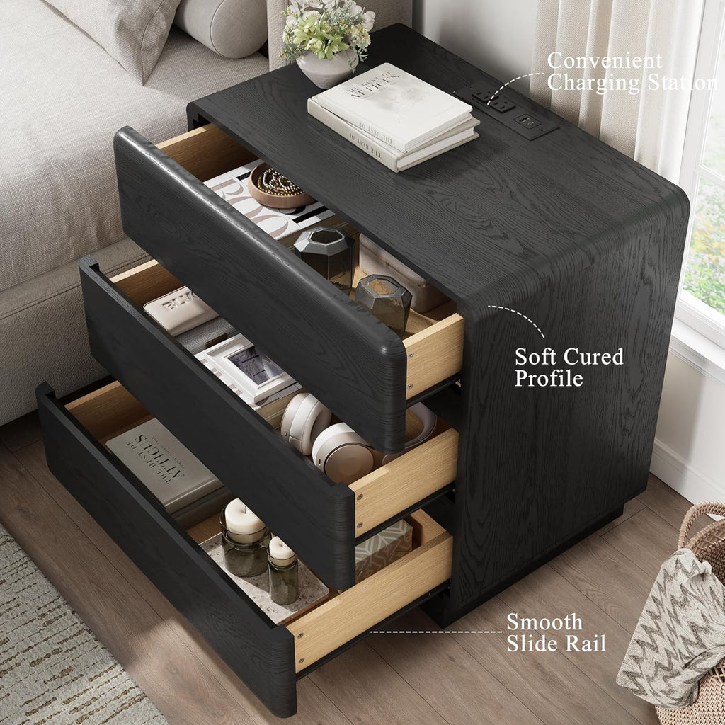 YANSNWO Black Nightstand with Charging Station, 23.6" Modern Night Stand with 3 Storage Drawers, Rounded Corner Design, Bedside Table with Reinforced Thickened Base for Bedroom, Living Room
