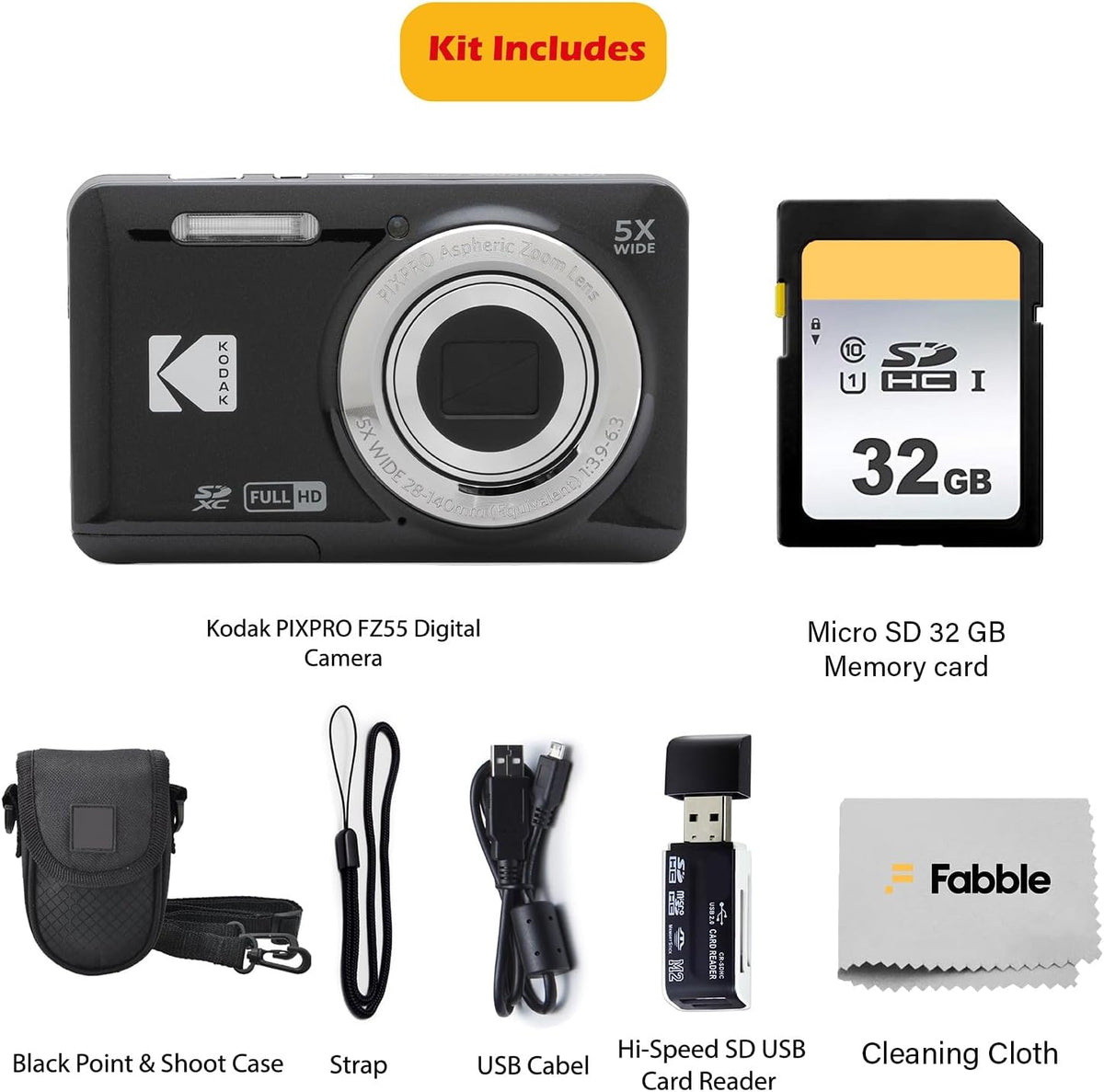 KODAK PIXPRO FZ55 16MP Digital Point & Shoot Camera, 5X Optical Zoom, 28mm Wide Angle, 1080P Full HD Video, Bundle with 32GB SD Card, Protective Case, and Hi-Speed Card Reader (Black)