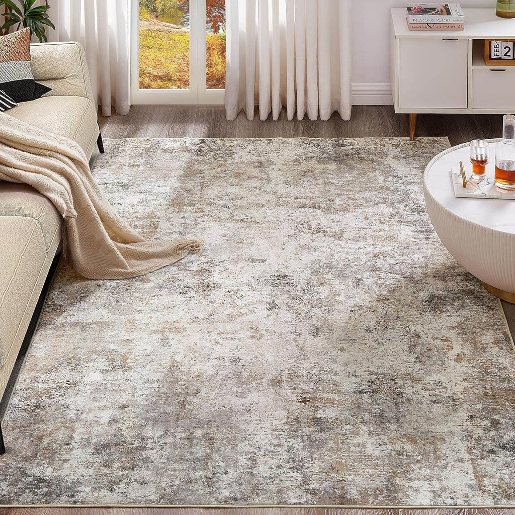 UERMEI 10x14 Area Rug Living Room Rugs - Washable Neutral Modern Abstract Soft Thin Large Rug Indoor Floor No Slip Rug Carpet for Bedroom Under Dining Table Home Office Decor - Brown Grey