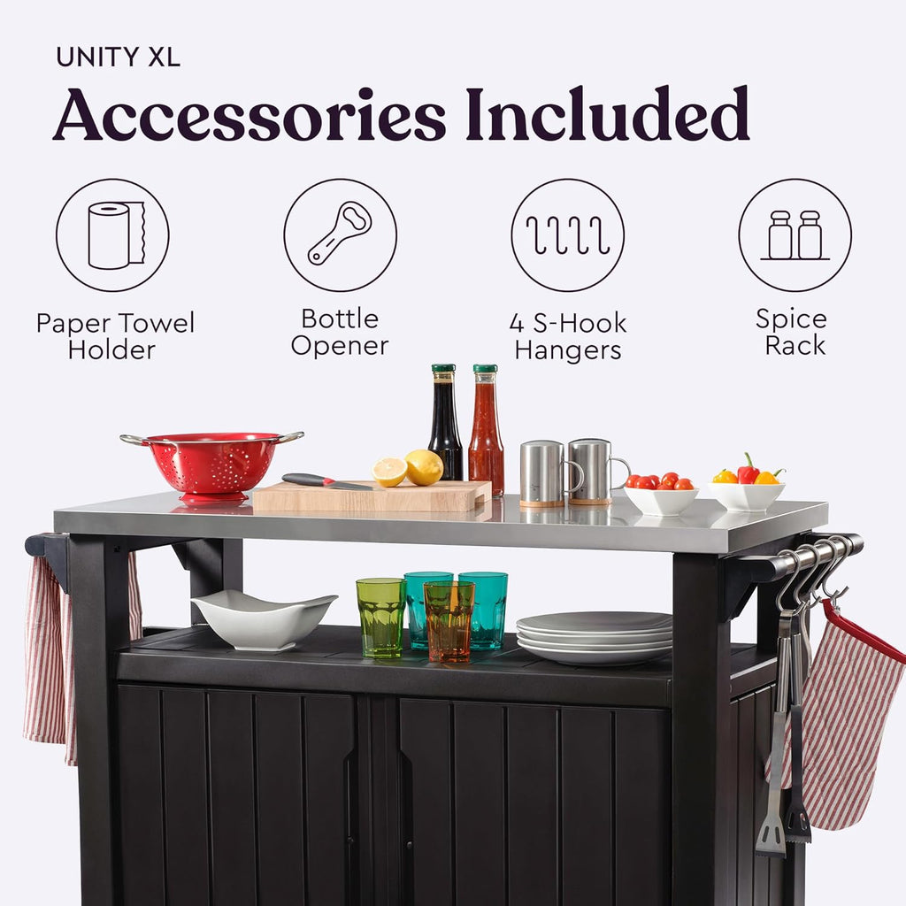 Keter Outdoor Rolling Table Cart for Food Prep, Storage, Bar & Grill, Dark Brown - Portable Kitchen Island Tabletop with Wheels for Drinks, Snacks, and Cooking