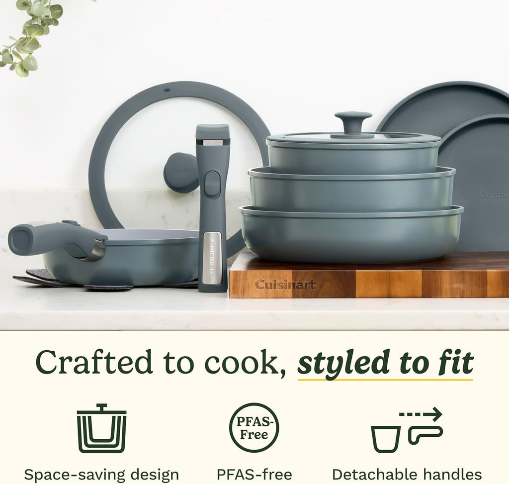 Cuisinart 13-Pc, ClickSmart Nonstick Detachable Handle Ceramic Cookware, Pots and Pans Set, Stackable Space-Saving Design, Compatible with All Stovetops, Induction & Oven Safe, PURELYCERAMIC