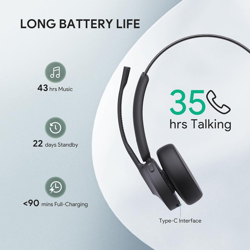 Yealink BH70 Mono UC Wireless Bluetooth Headset with Microphone for Work, up to 35h Talking Battery Life, 3-Mic Noise Cancellation, 91g Lightweight Work Headsets for Open Office, USB-C to A