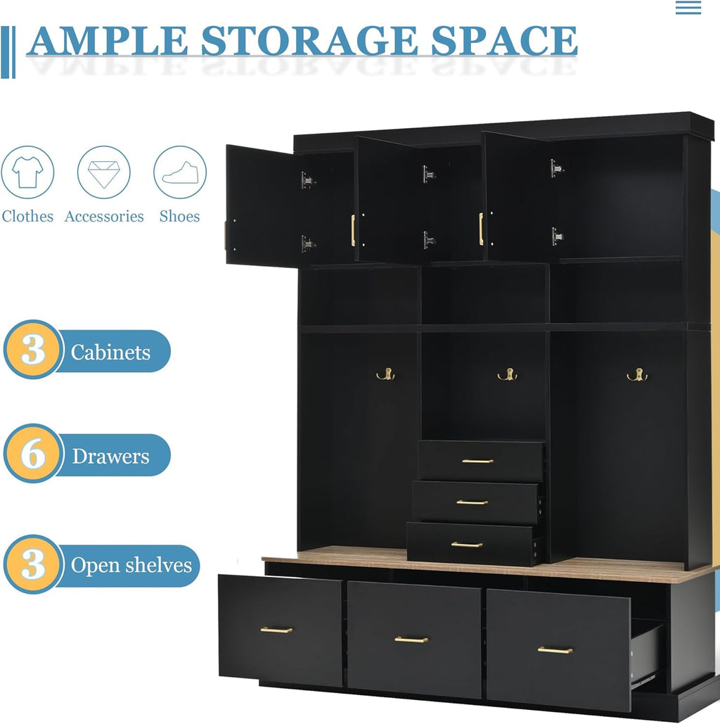 Hall Tree with Storage Bench & Coat Rack 58''W Modern Tall Entryway Oranizer Cabinet with 6 Drawers, 3 Metal Hooks for Living Room Hallway Mudroom, Black