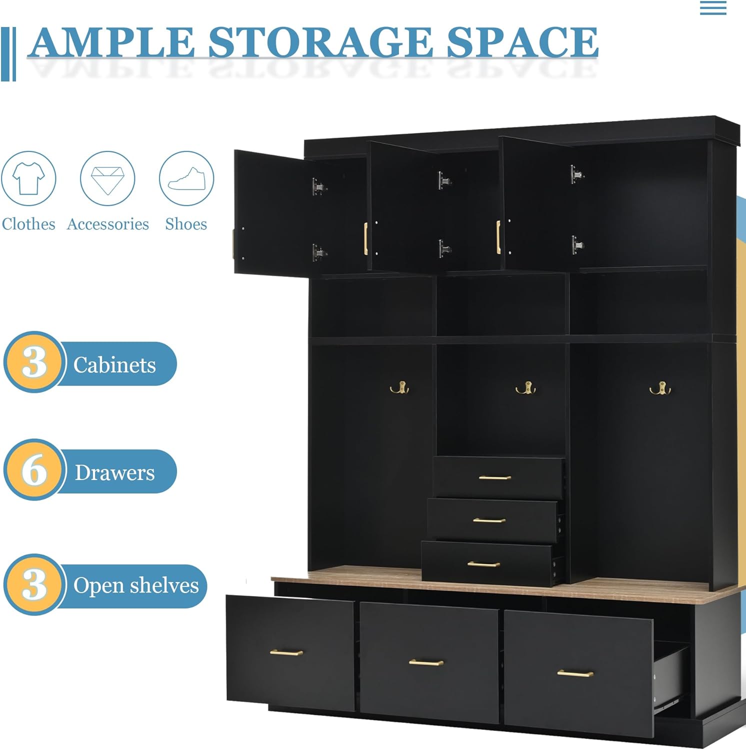 Hall Tree with Storage Bench & Coat Rack 58''W Modern Tall Entryway Oranizer Cabinet with 6 Drawers, 3 Metal Hooks for Living Room Hallway Mudroom, Black