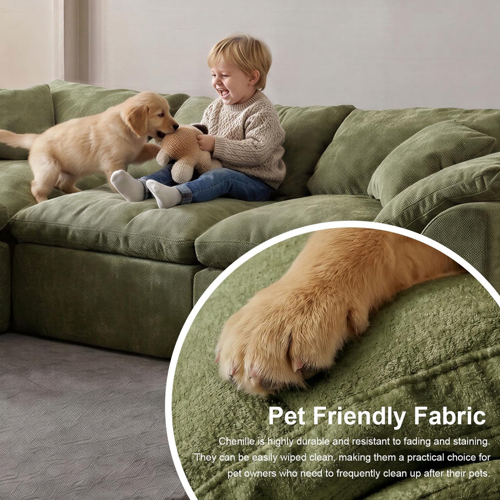 Oversized Cloud Couch Sectional Sofa for Living Room, Modular L Shaped Boneless Chenille Sofa with Chaise Lounge, Deep Seat Convertible Couch, Compressed No Assembly Floor Sofa(Green)