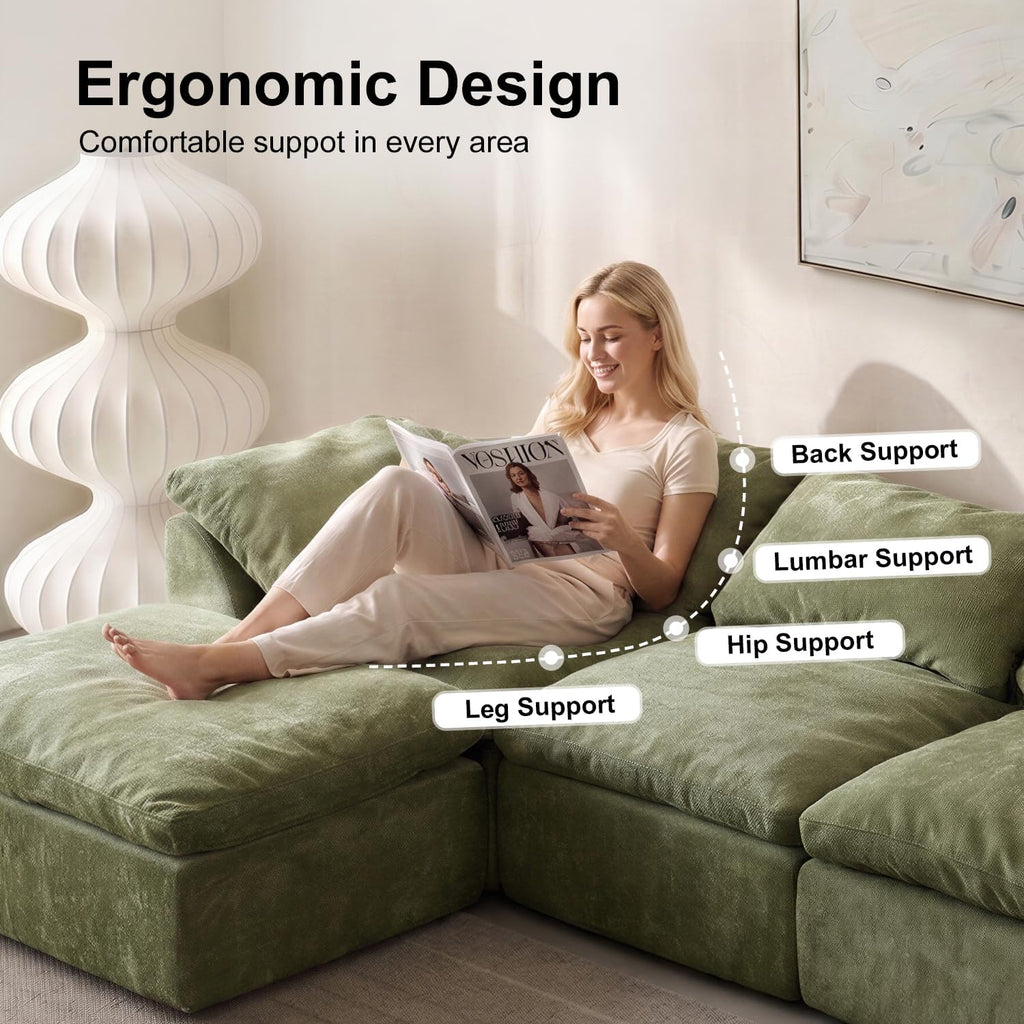 Oversized Cloud Couch Sectional Sofa for Living Room, Modular L Shaped Boneless Chenille Sofa with Chaise Lounge, Deep Seat Convertible Couch, Compressed No Assembly Floor Sofa(Green)