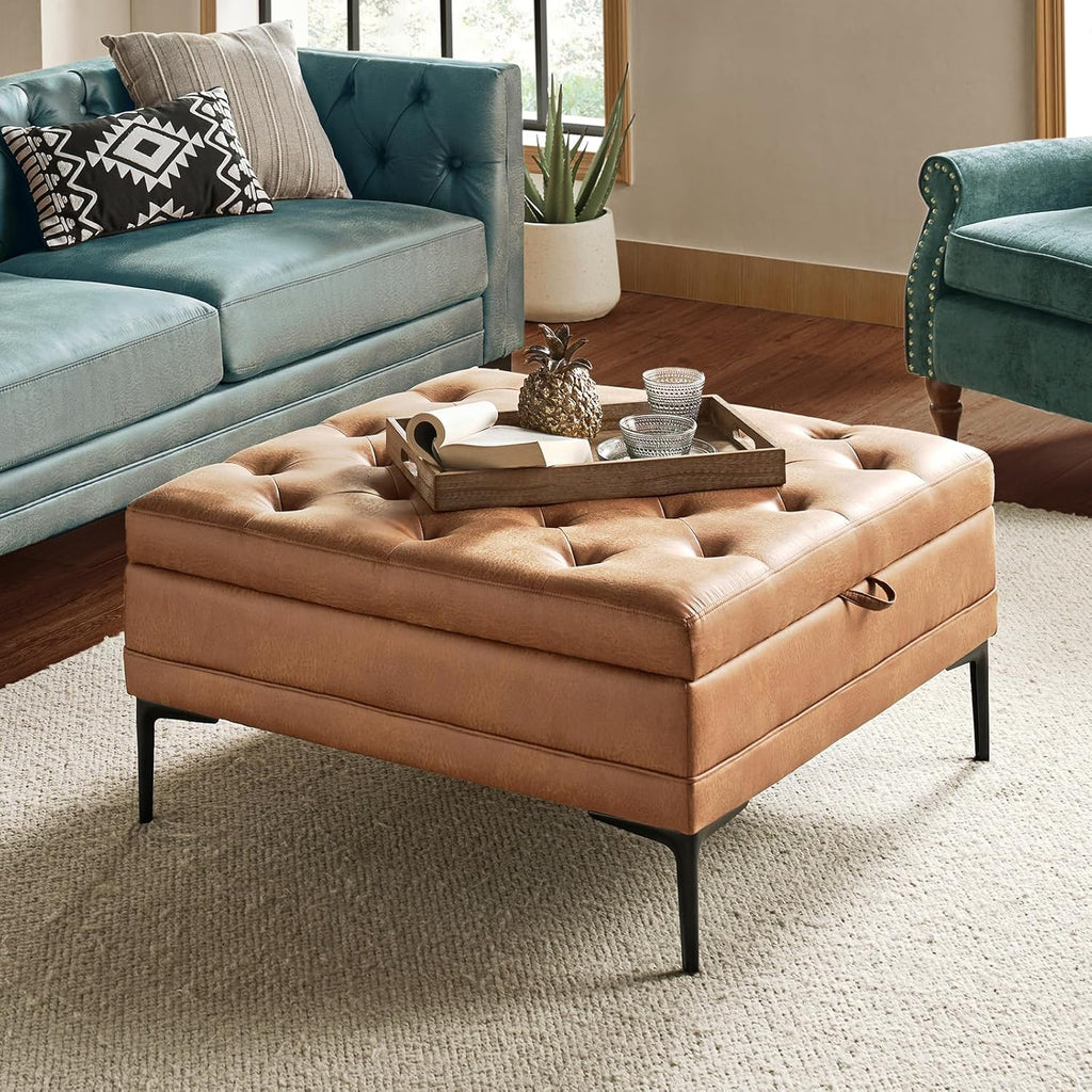 HULALA HOME Faux Leather Coffee Table, 36.5" Square Storage Ottoman with Metal Legs, Button-Tufted Coffee Table with Storage for Living Room, Camel