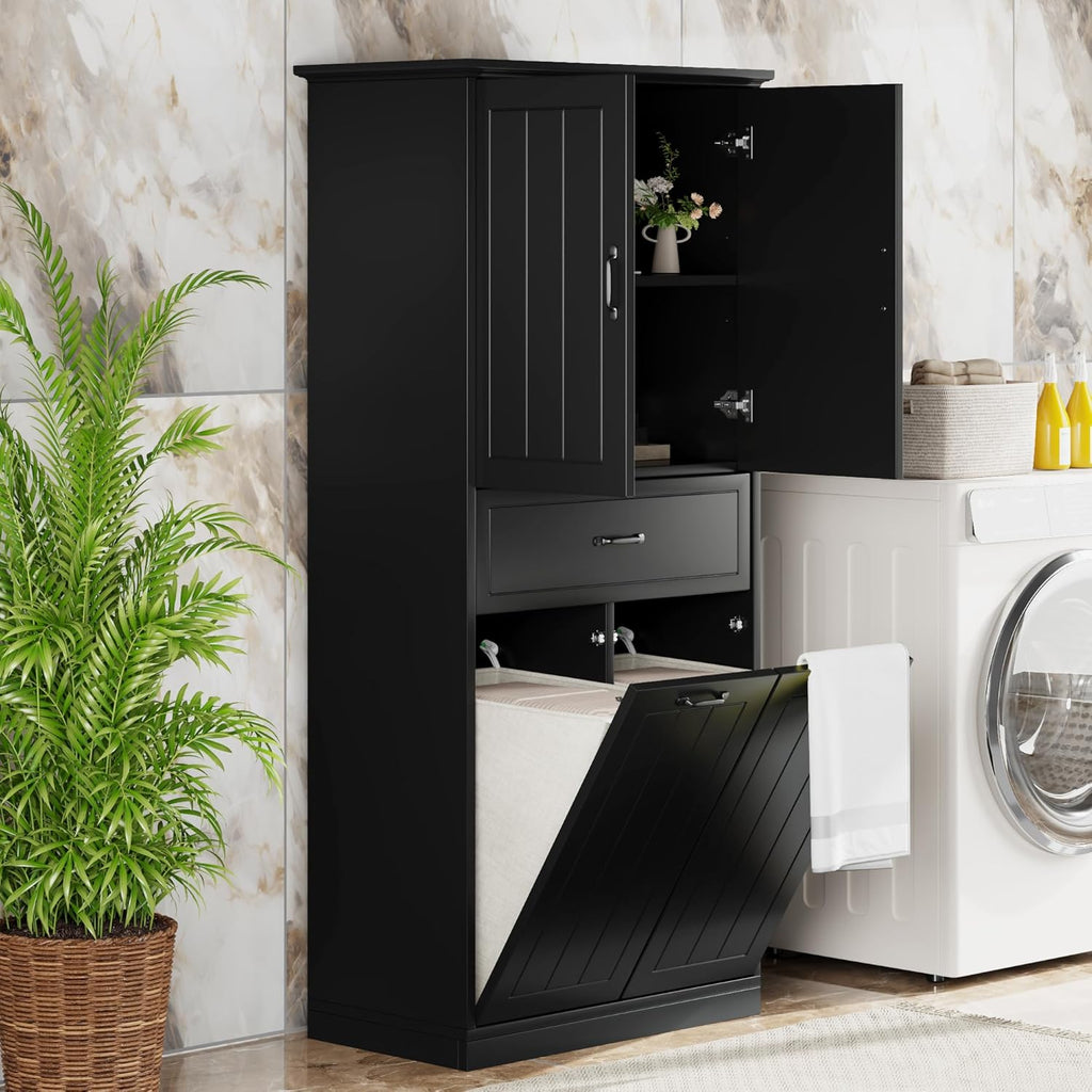 Virubi Tall Laundry Cabinet with 2 Tilt Out Laundry Hamper, Modern Wood Bathroom Storage Cabinet with Drawers, Doors and Adjustable Shelves for Home, Freestanding