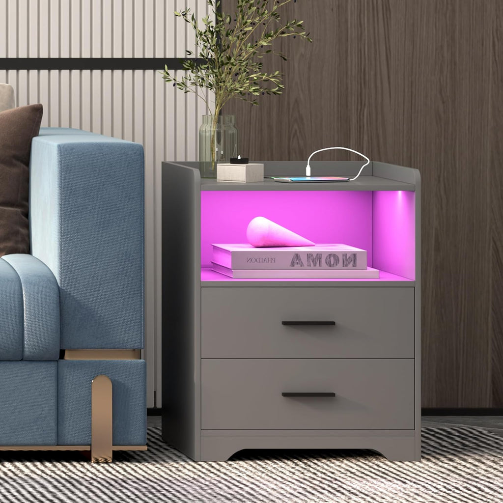 dnbss Grey Night Stand with Wireless Charging Station, Nightstand with 2 Drawers, Smart Bedside Table with 24-Color RGB Lighting, Modern LED Lighted Nightstand for Bedroom