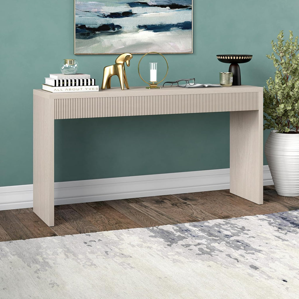 Henn&Hart 55" Rectangular Fluted Console Table, Ribbed Entryway Table, Sofa Table for Entryway, Living Room, Couch, Hallway, or Office, Beech White