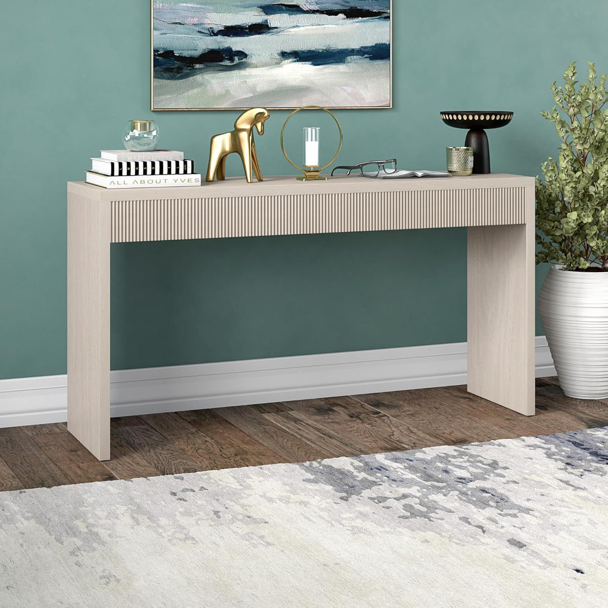 Henn&Hart 55" Rectangular Fluted Console Table, Ribbed Entryway Table, Sofa Table for Entryway, Living Room, Couch, Hallway, or Office, Beech White