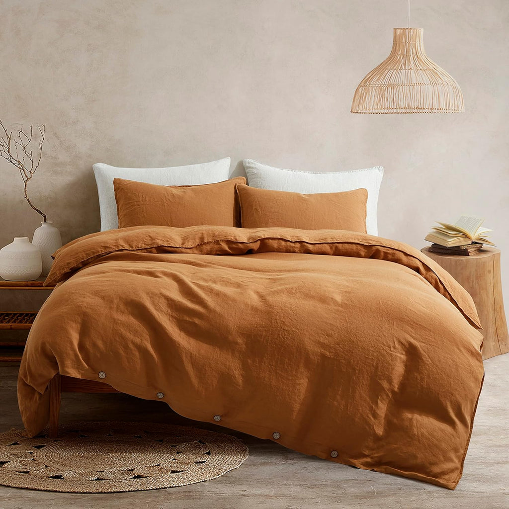 ATLINIA 100% Flax Linen Duvet Cover Set - Stone Washed Pure French Linen Organic Fabric for Farmhouse Comforter Boho Bedding Included 1 Duvet Cover 2 Pillow Shams(Rust, Queen)