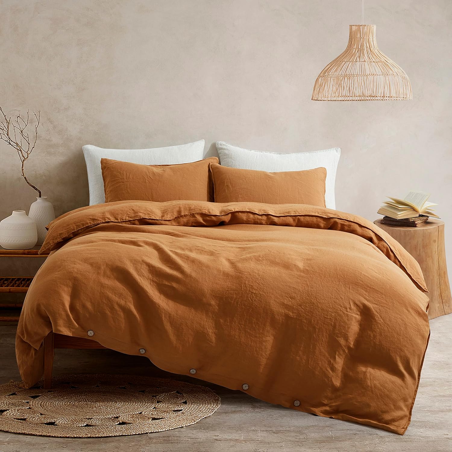 ATLINIA 100% Flax Linen Duvet Cover Set - Stone Washed Pure French Linen Organic Fabric for Farmhouse Comforter Boho Bedding Included 1 Duvet Cover 2 Pillow Shams(Rust, Queen)