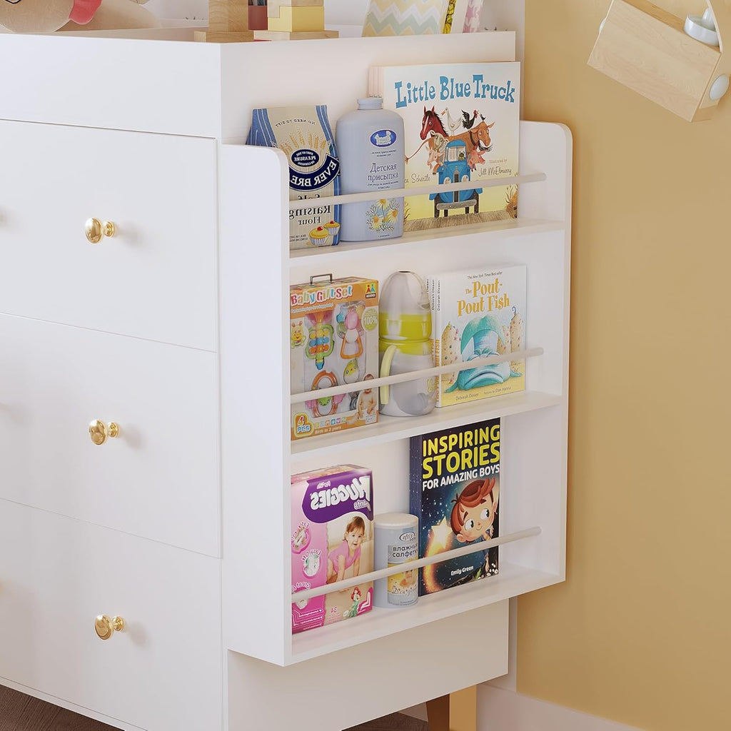 Wooden Baby Changing Table Dresser,Diaper Changing Table with Large Tabletop,4 Drawers, Open Storage Space & Side Shelves,Modern Storage Crib with Changing Table for Nurseries and Baby Rooms,White