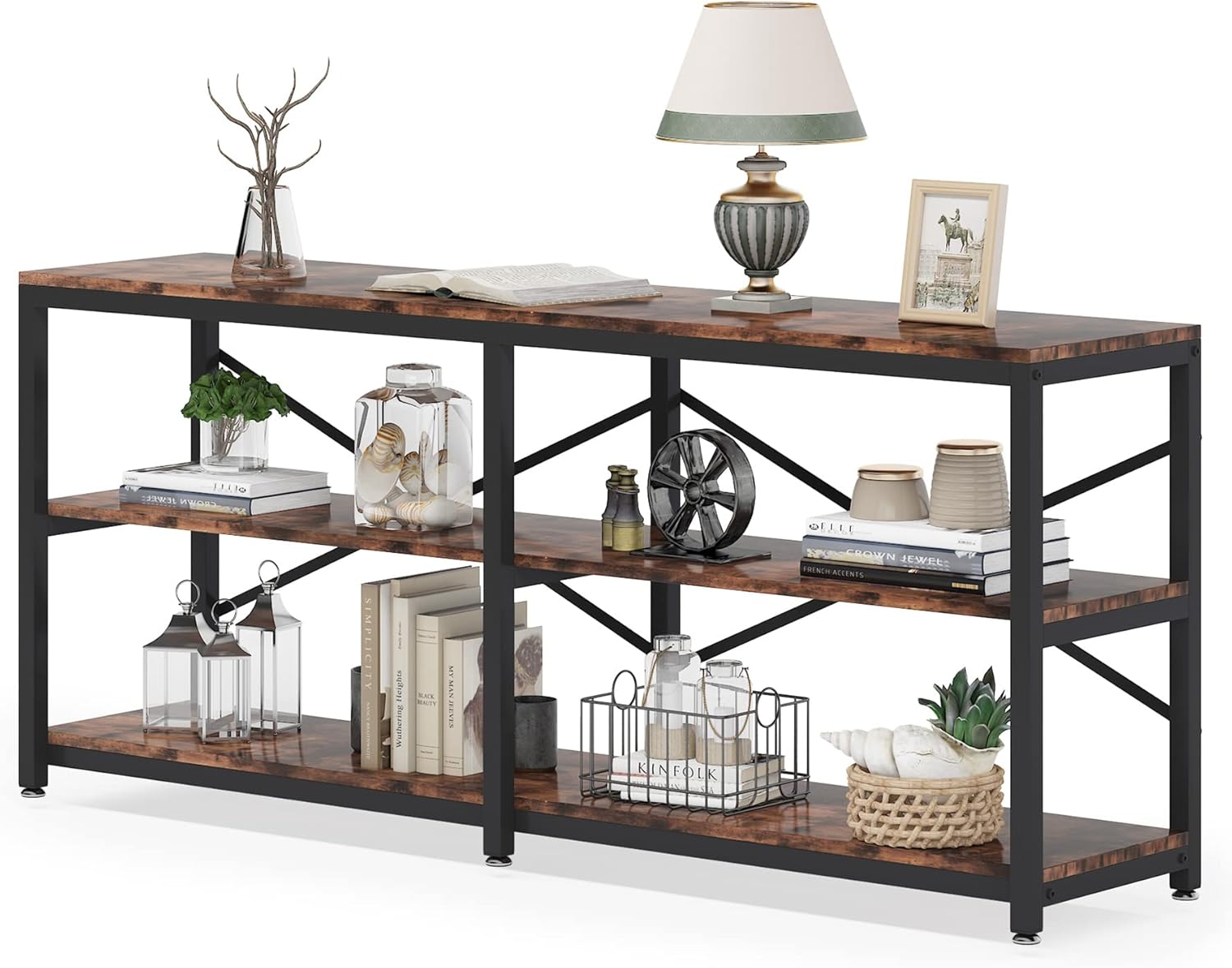 Tribesigns 70.9 Inch Extra Long Console Table, Modern Sofa Table Behind Couch Table with Storage Shelves, 3-Tier Industrial Hallway Entryway Table for Living Room, 3 Shelf Bookshelf(Brown)