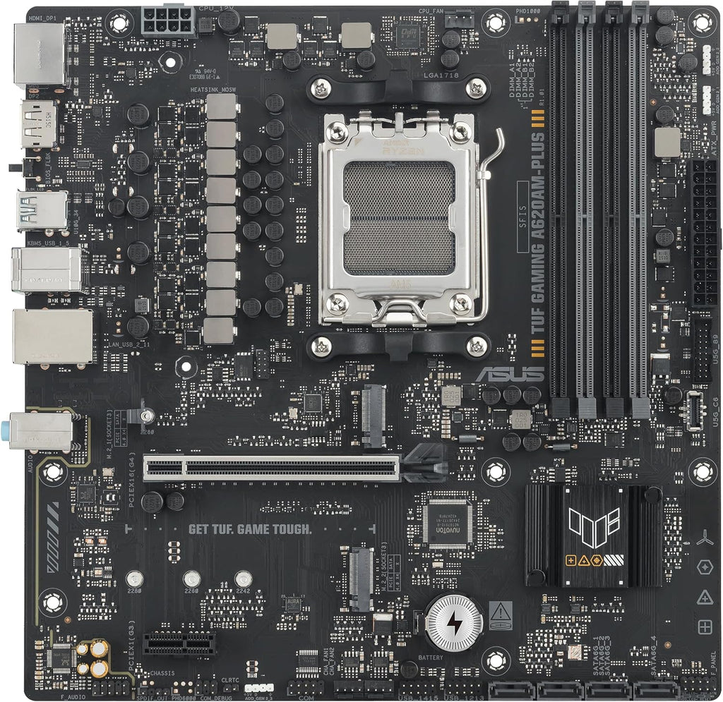 TUF Gaming A620AM-PLUS WiFi AMD A620A mATX Motherboard, 8+2+1 Power Stages, DDR5, PCIe 4.0, Dual M.2 Slots, WiFi 6, 2.5Gb Ethernet, Dual DisplayPort, HDMI, Rear USB-A 10Gbps, Front USB-C 10Gbps