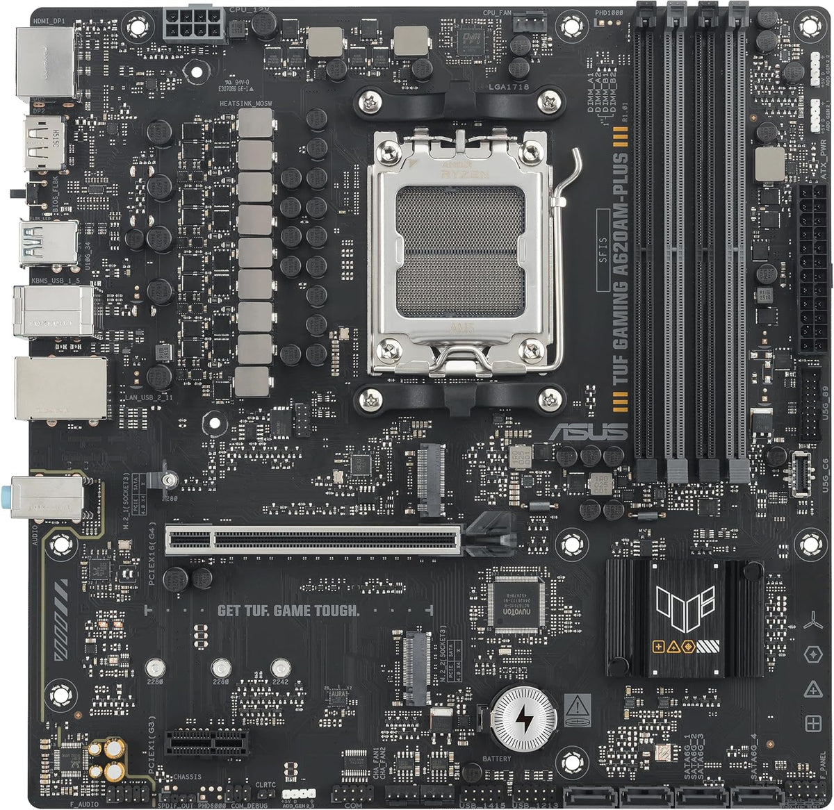 TUF Gaming A620AM-PLUS WiFi AMD A620A mATX Motherboard, 8+2+1 Power Stages, DDR5, PCIe 4.0, Dual M.2 Slots, WiFi 6, 2.5Gb Ethernet, Dual DisplayPort, HDMI, Rear USB-A 10Gbps, Front USB-C 10Gbps