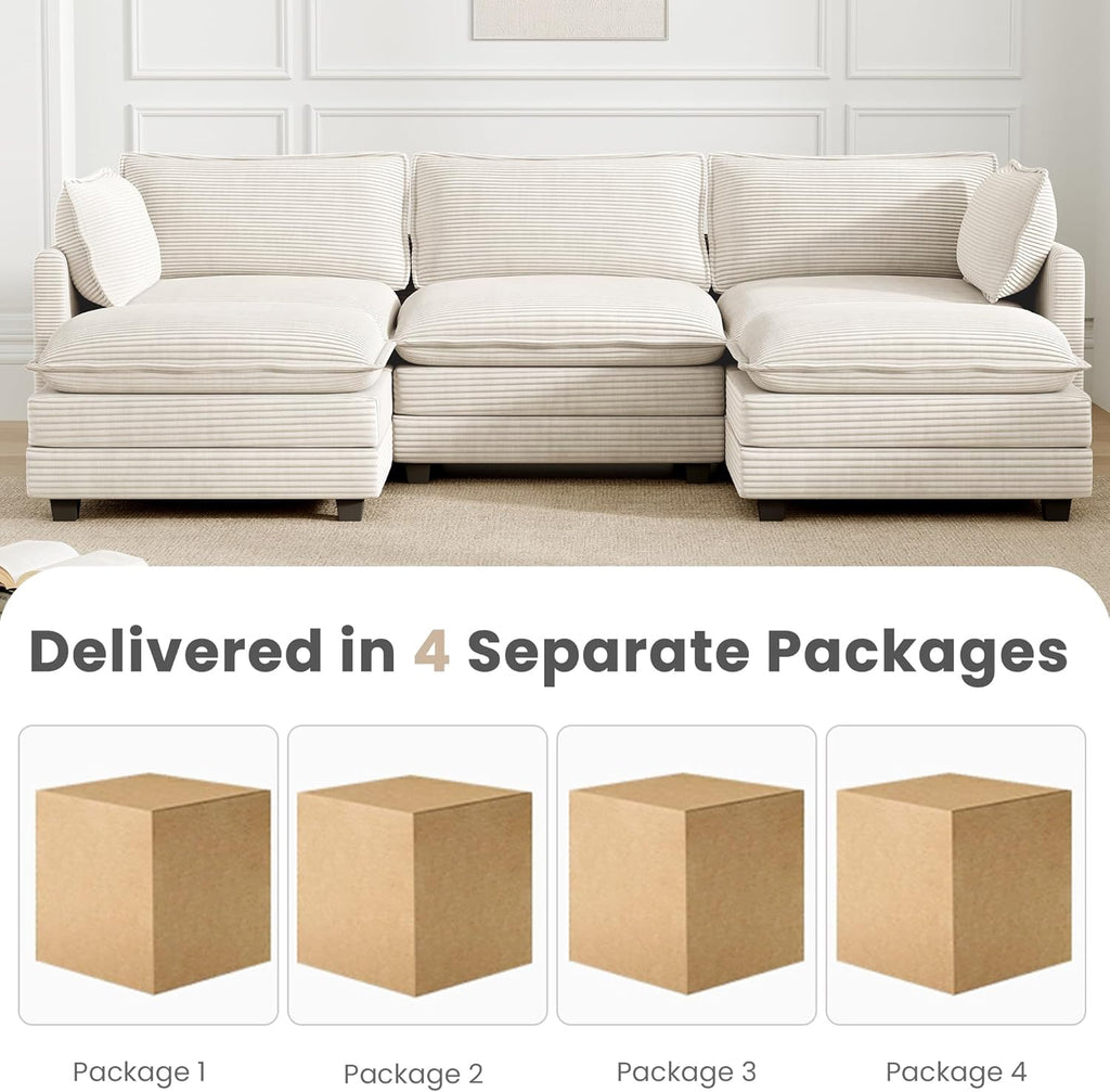 112'' Sectional Modular Cloud Couch, Oversized 5 Seat Couches U Shaped Sofa with 2 Movable Ottomans, 2 Throw Pillows, Upholstered Corduroy U Shape Comfy Deep Couches for Living Room and Office, Beige