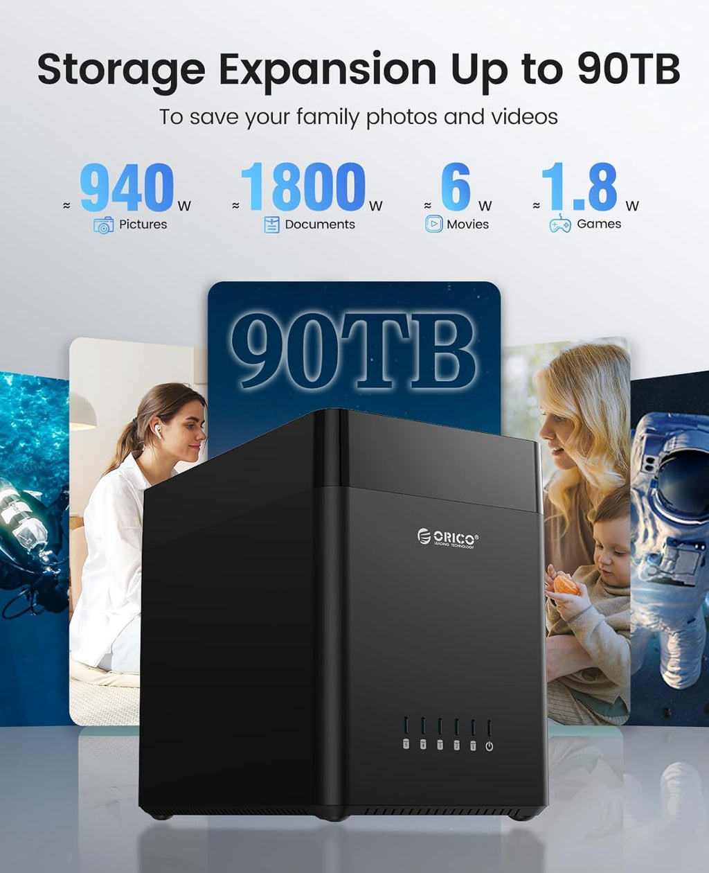 ORICO 5 Bay Hard Drive Enclosure USB 3.0 to SATA Magnetic Tool-Free External HDD Docking Station Case with 12V/6.5A Power Adapter for Family Storage Supports 2.5/3.5 inch Drives Max 110TB (5x22TB)