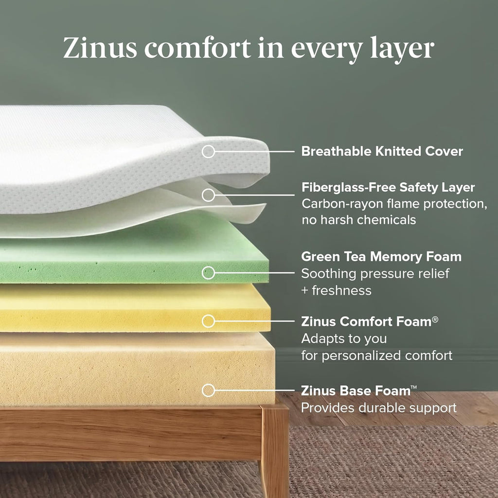 Zinus Green Tea Memory Foam Mattress 10 Inch, Pressure-Relieving Comfort & Full-Body Support, Naturally Fresh, Medium Firm Feel, CertiPUR-US & Oeko-TEX Certified Safe Materials, Queen