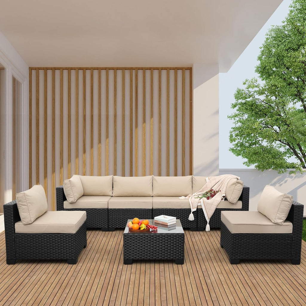 Valita 7 Pieces Outdoor Wicker Furniture Conversation Set Patio Sectional Sofa Set Glass Table with Non-Slip Cushions Furniture Cover, Khaki