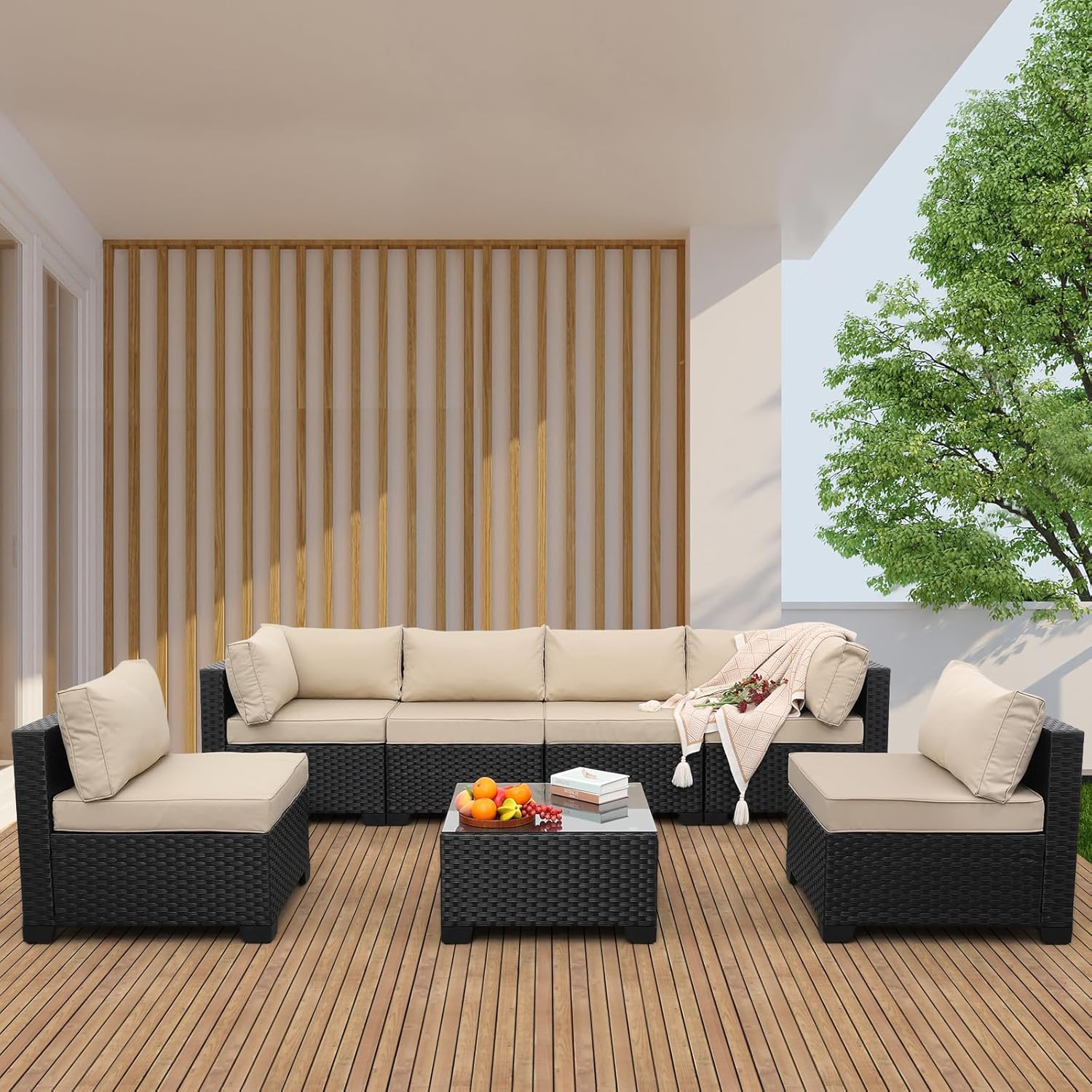 Valita 7 Pieces Outdoor Wicker Furniture Conversation Set Patio Sectional Sofa Set Glass Table with Non-Slip Cushions Furniture Cover, Khaki