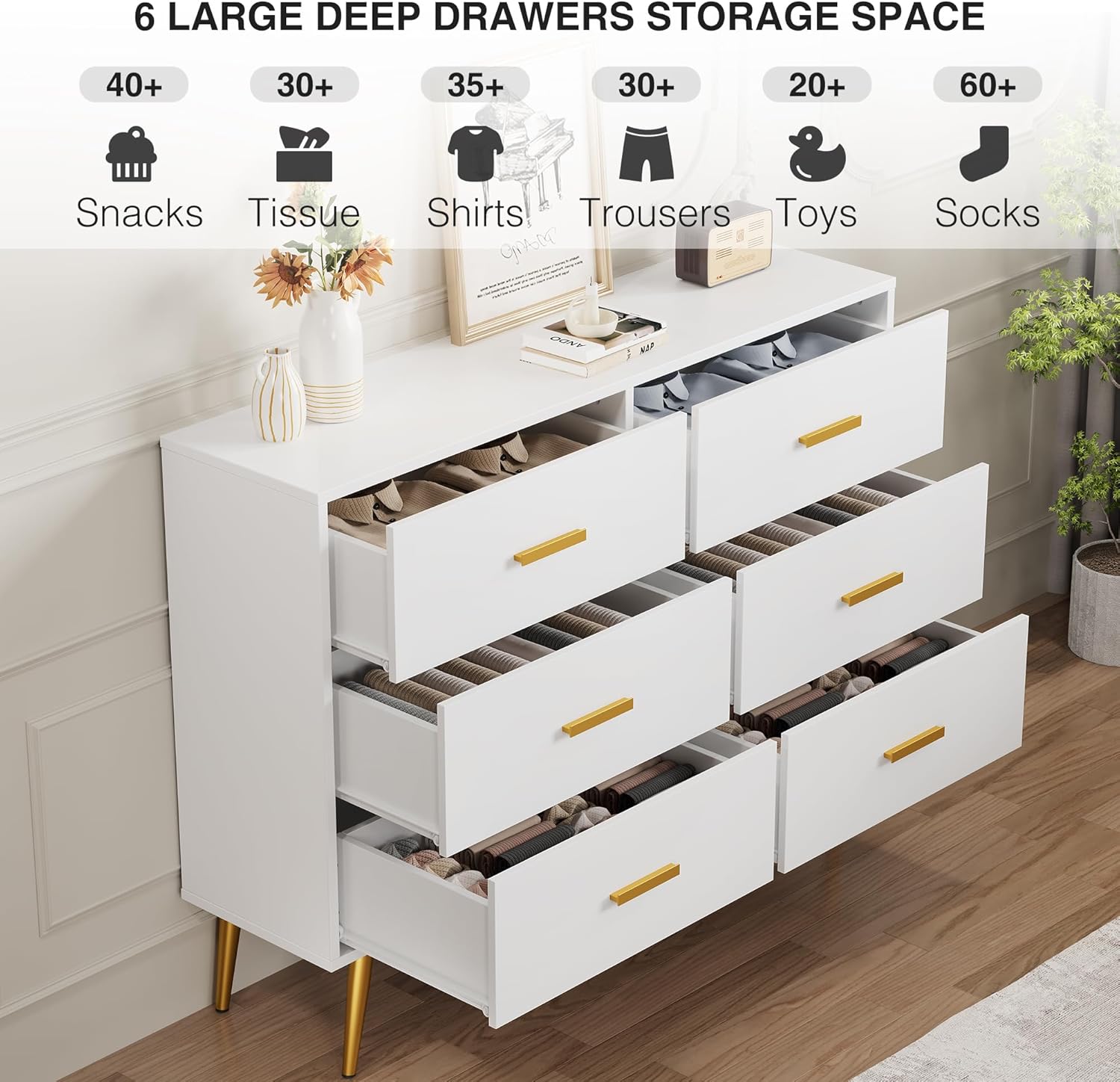IDEALHOUSE 6 Drawer Dresser, Modern Wooden Chest of Drawers with Gold Handles, Deep Drawers for Bedroom, Living Room and Entryway, White