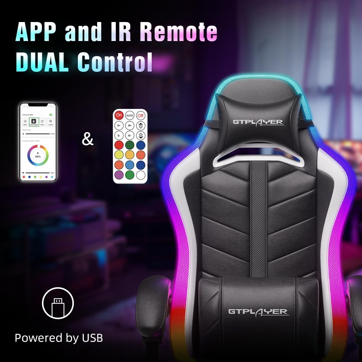 GTPLAYER Gaming Chair, Computer Chair with RGB LED Lights, High Back Ergonomic Chair for Adults with Footrest and Linkage Armrests& Headrest Lumbar Support (with Bluetooth Speakers)