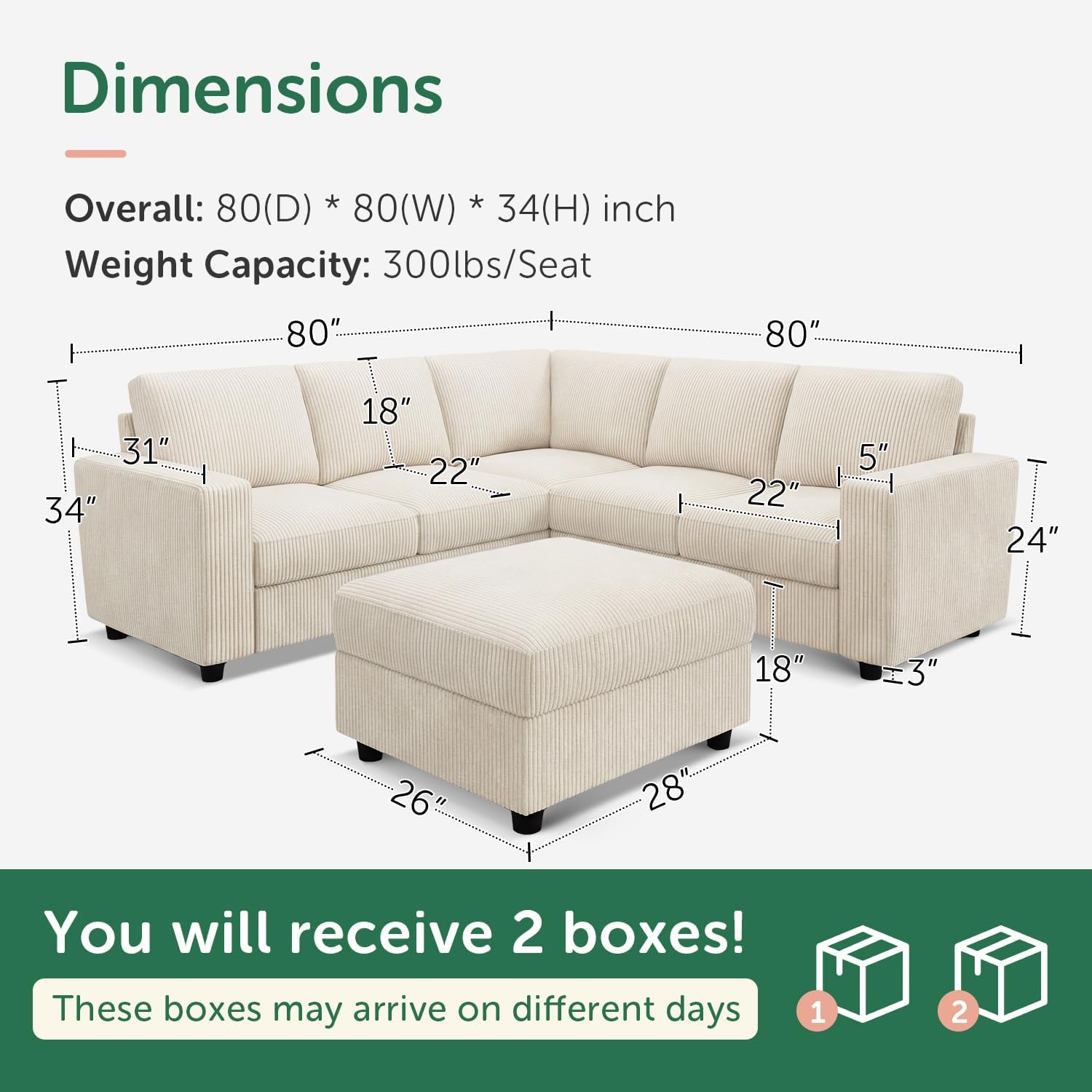 HONBAY Corduroy Sectional Couch with Storage L-Shaped Sectional Couches for Living Room 6 Seater Sectional Sofa, Beige