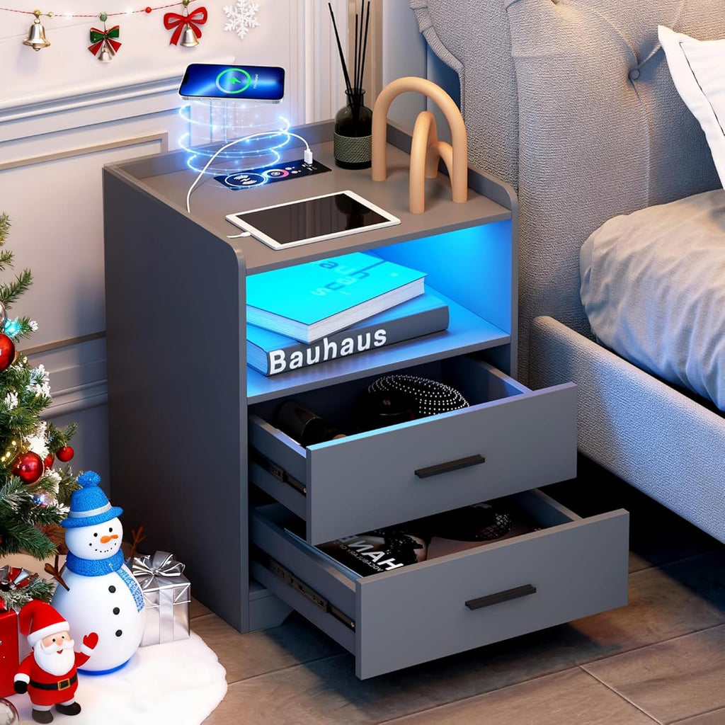 dnbss Grey Night Stand with Wireless Charging Station, Nightstand with 2 Drawers, Smart Bedside Table with 24-Color RGB Lighting, Modern LED Lighted Nightstand for Bedroom