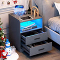 dnbss Grey Night Stand with Wireless Charging Station, Nightstand with 2 Drawers, Smart Bedside Table with 24-Color RGB Lighting, Modern LED Lighted Nightstand for Bedroom