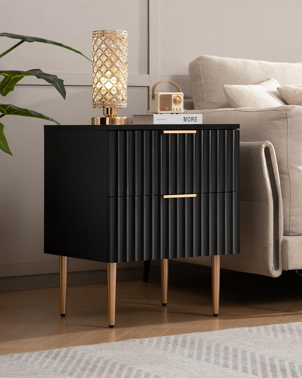 SICOTAS Black Night Stand Set 2, Fluted Glossy Nightstand with 2 Drawers, Wide Modern Storage Bedside Table for Bedroom, End Side Table with Golden Metal Legs and Handles (Black, 1 Piece)