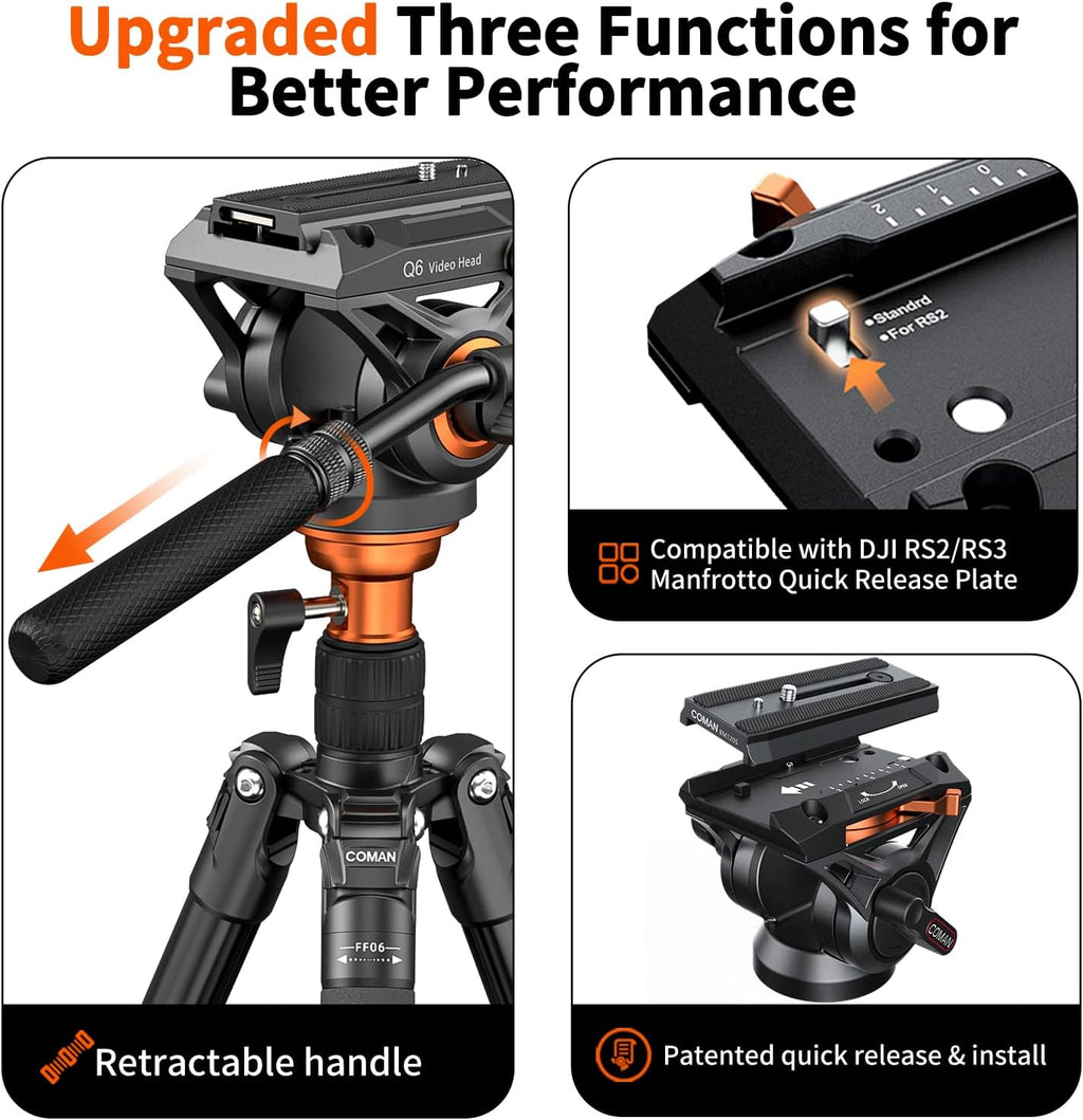 COMAN Camera Tripod with Fluid Head, Lightweight Compact Tripod for Camera with Detachable Monopod Aluminium Alloy and QR Plate for DJI Canon Nikon Sony DSLR Camera 70.8“ Max Load 22.04lb(FF06S)